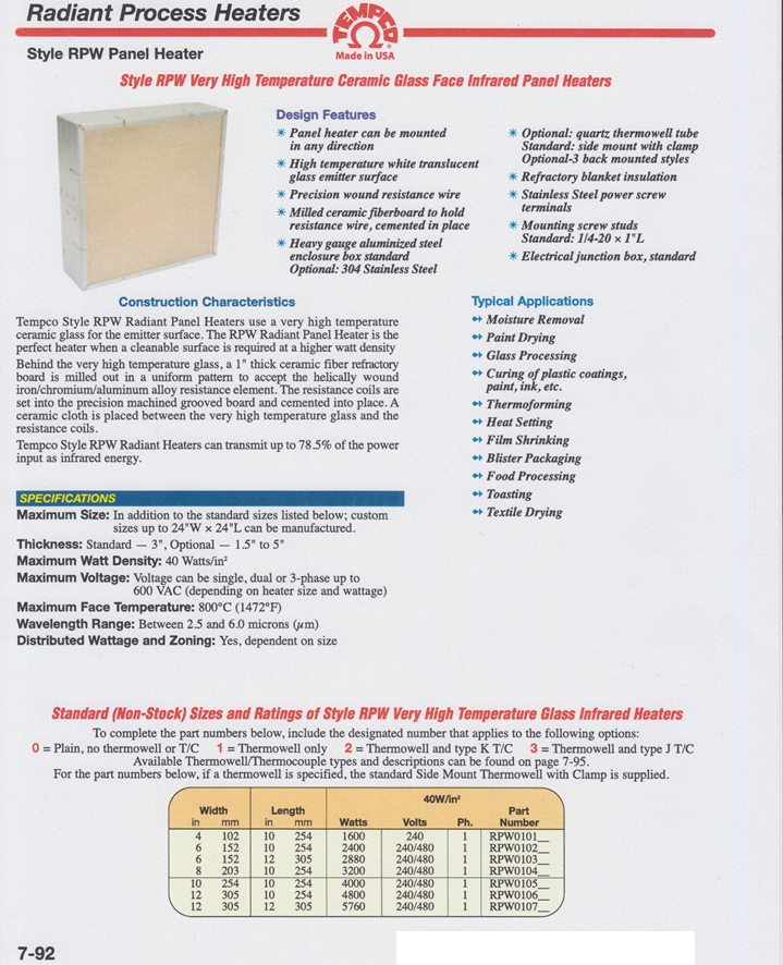 Tempco Style RPW Very High Temperature Ceramic Glass Face Infrared P